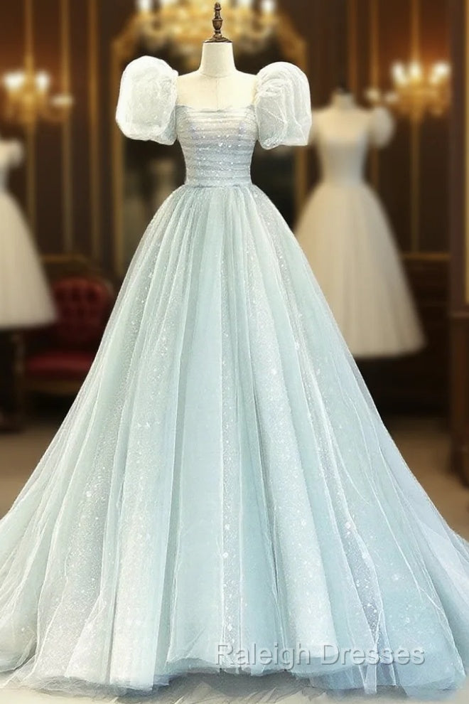 A-Line Puff Sleeves Blue Long Prom Dress, Tulle Formal Evening Dress Main image