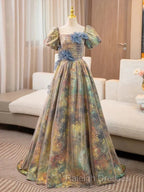 A-Line Puff Sleeves Gold Long Prom Dress Quinceanera Dress With Flower Elegant