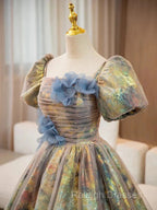 A-Line Puff Sleeves Gold Long Prom Dress Quinceanera Dress With Flower Elegant