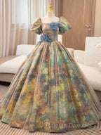 A-Line Puff Sleeves Gold Long Prom Dress Quinceanera Dress With Flower Elegant