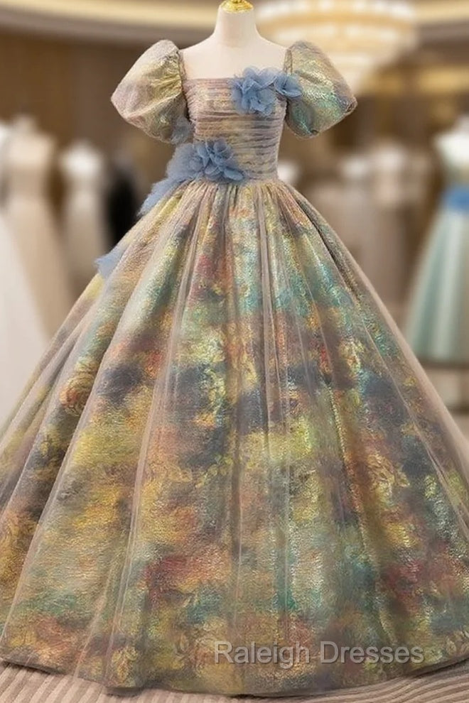 A-Line Puff Sleeves Gold Long Prom Dress Quinceanera Dress With Flower Elegant