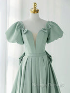 A Line Puff Sleeves Green Long Prom Dress, Green Formal Dress