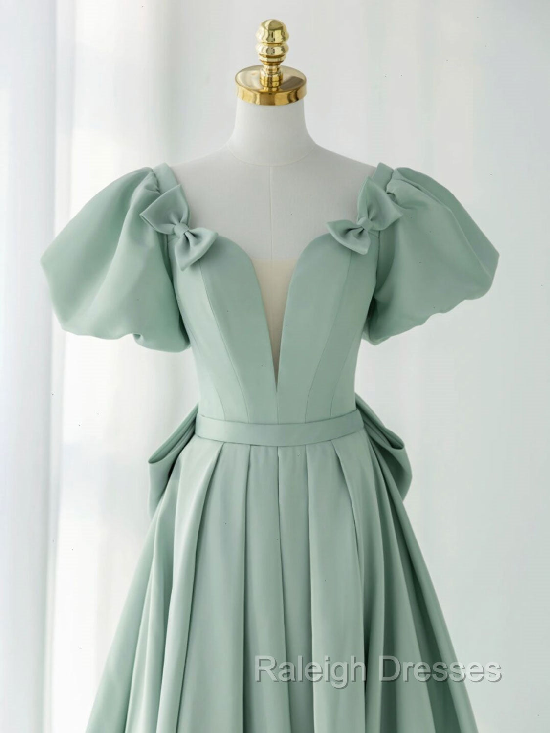 A Line Puff Sleeves Green Long Prom Dress, Green Formal Dress