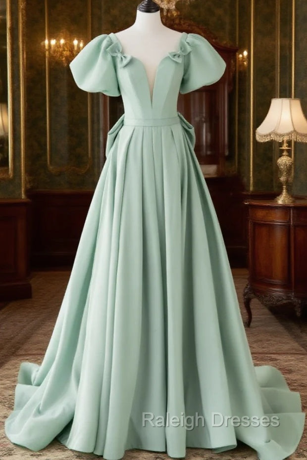A-Line Puff Sleeves Green Long Prom Dress, Green Formal Dress