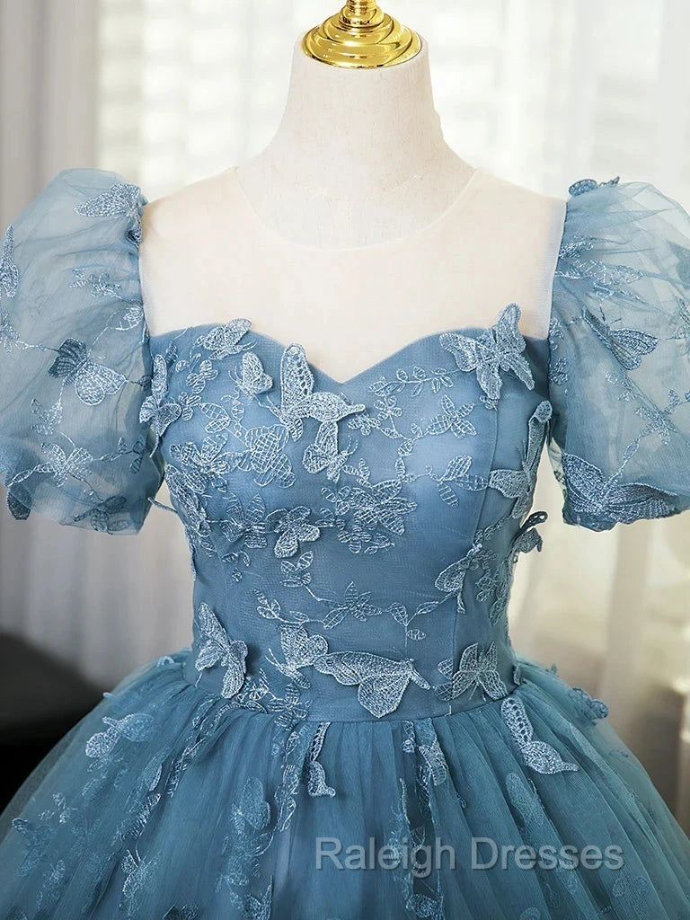 A-Line Puff Sleeves Lace Gray Blue Long Prom Dresses Gray Blue Prom Dresses Secondary image