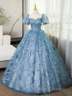 A-Line Puff Sleeves Lace Gray Blue Long Prom Dress, Gray Blue Formal Dress