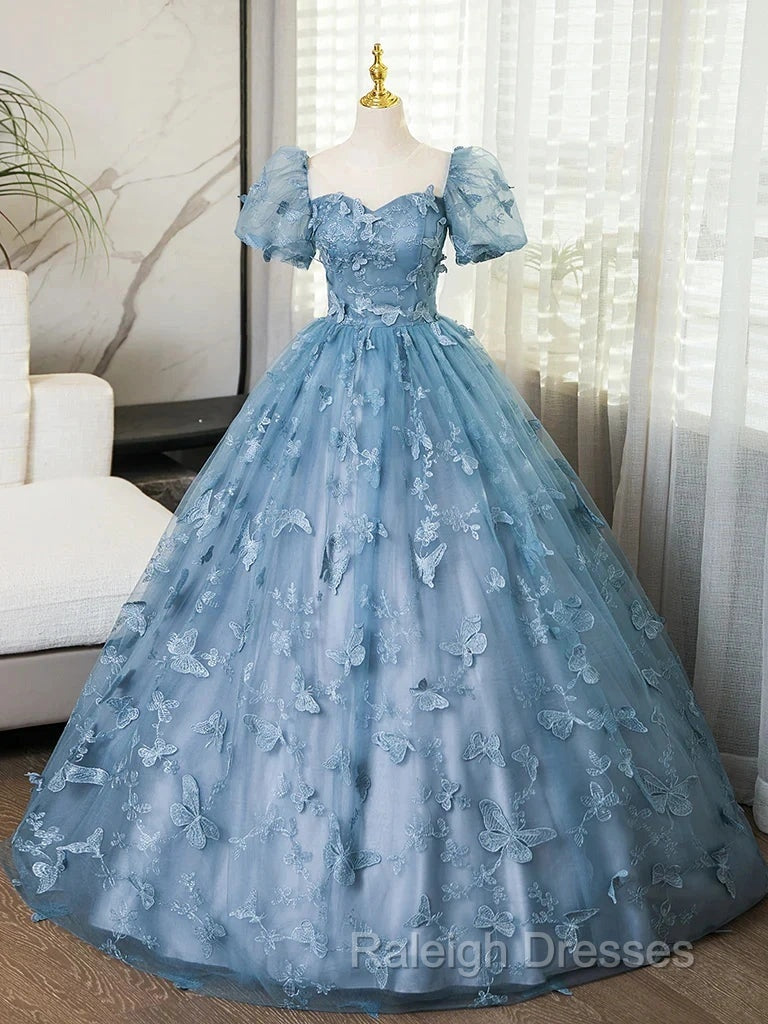 A-Line Puff Sleeves Lace Gray Blue Long Prom Dress, Gray Blue Formal Dress