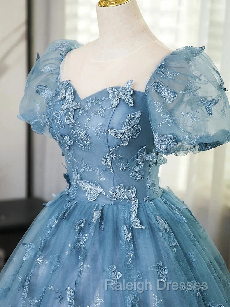 A-Line Puff Sleeves Lace Gray Blue Long Prom Dresses Gray Blue Prom Dresses