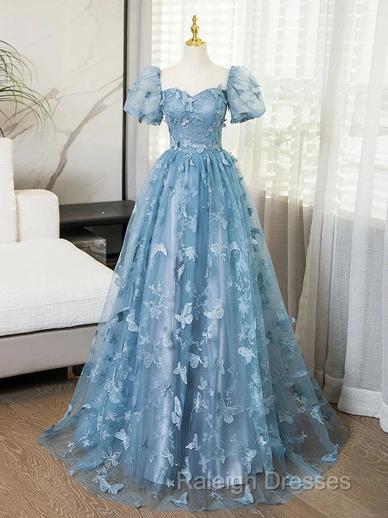 A-Line Puff Sleeves Lace Gray Blue Long Prom Dresses Gray Blue Prom Dresses