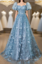 A-Line Puff Sleeves Lace Gray Blue Long Prom Dress, Gray Blue Formal Dress