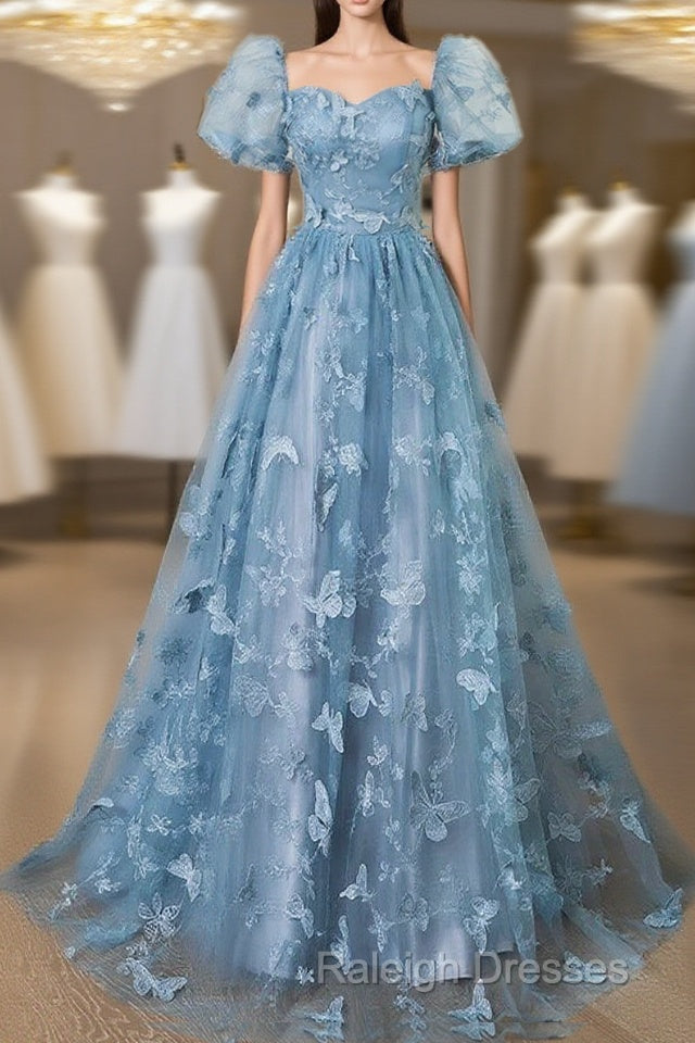 A-Line Puff Sleeves Lace Gray Blue Long Prom Dress, Gray Blue Formal Dress