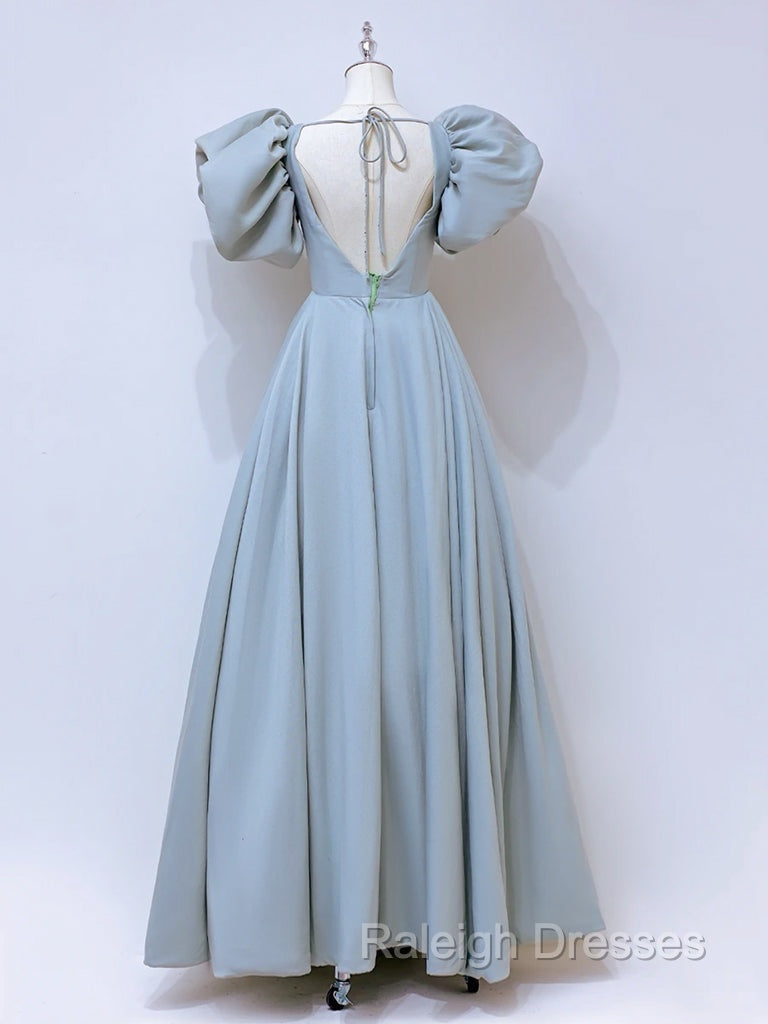 A Line Puff sleeves Long Blue Prom Dress, Square Neckline Blue Long Formal Dress Secondary image