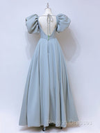 A Line Puff sleeves Long Blue Prom Dress, Square Neckline Blue Long Formal Dress