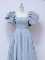 A-Line Puff sleeves Long Blue Prom Dress, Square Neckline Blue Long Formal Dress