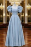 A-Line Puff sleeves Long Blue Prom Dress, Square Neckline Blue Long Formal Dress