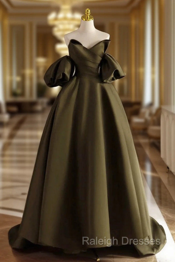 A-Line Puff Sleeves Olive Green Satin Long Prom Dress, Olive Green Long Evening Dress Main image