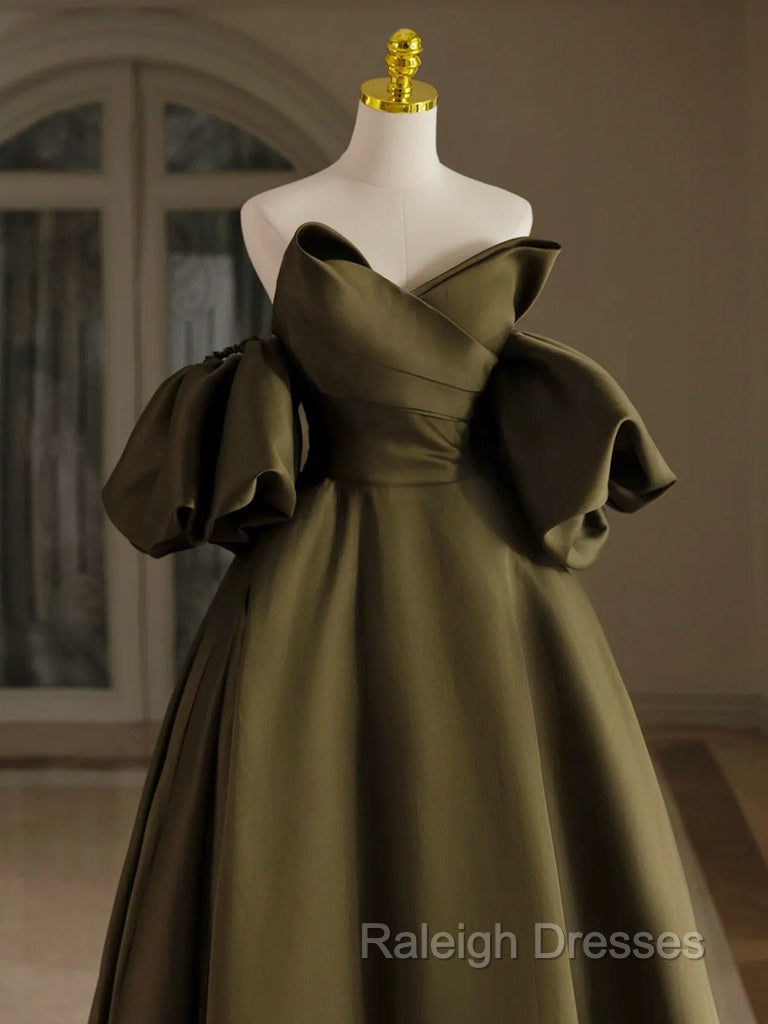 A-Line Puff Sleeves Olive Green Satin Long Prom Dress, Olive Green Long Formal Dress Secondary image
