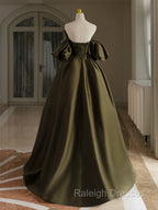 A Line Puff Sleeves Olive Green Satin Long Prom Dress, Olive Green Long Formal Dress