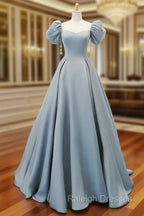 A-Line Puff Sleeves Satin Blue Long Prom Dress, Blue Long Formal Dress
