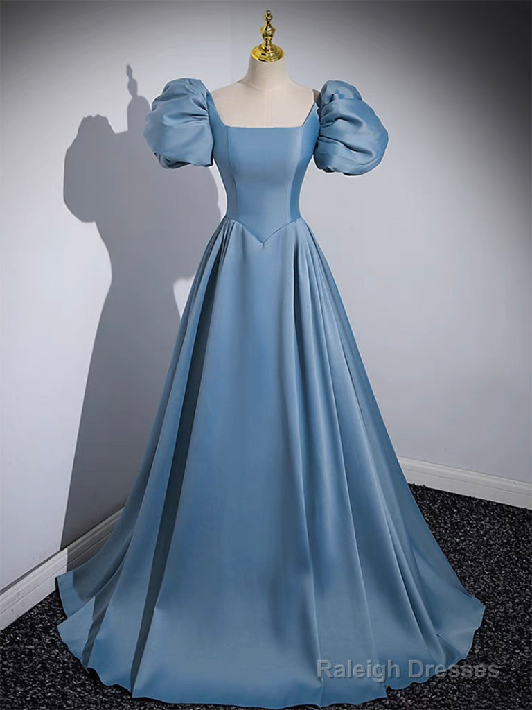 A-Line Puff Sleeves Satin Blue Long Prom Dress, Blue Long Formal Dress Main image