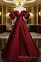 A-Line Puff Sleeves Satin Burgundy Long Prom Dress, Burgundy Long Formal Dress