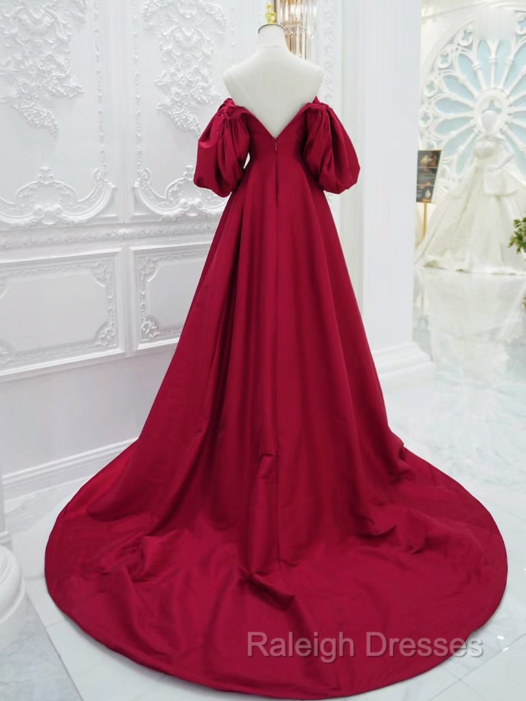 A-Line Puff Sleeves Satin Dark Red Long Prom Dress, Dark Red Long Evening Dress Secondary image