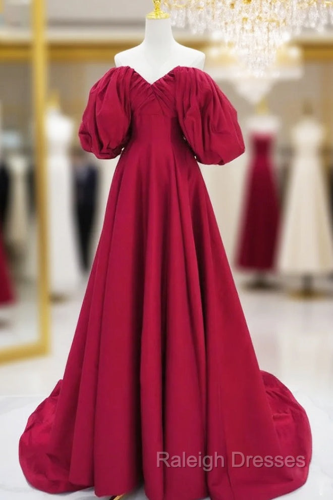 A-Line Puff Sleeves Satin Dark Red Long Prom Dress, Dark Red Long Evening Dress
