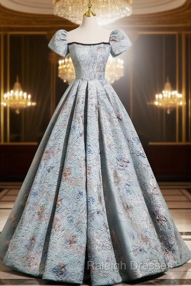 A-Line Puff Sleeves Satin Gray Blue Long Prom Dress, Gray Blue Long Evening Dress Main image