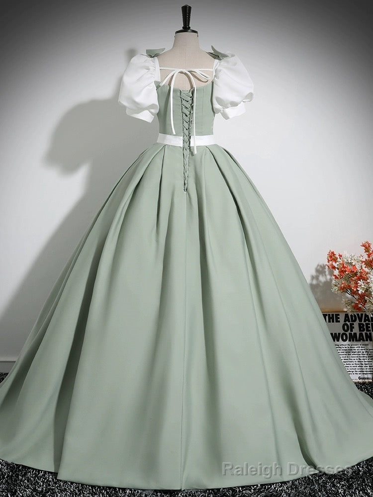 A-Line Puff Sleeves Satin Green Long Prom Dress, Green Long Formal Dress Secondary image