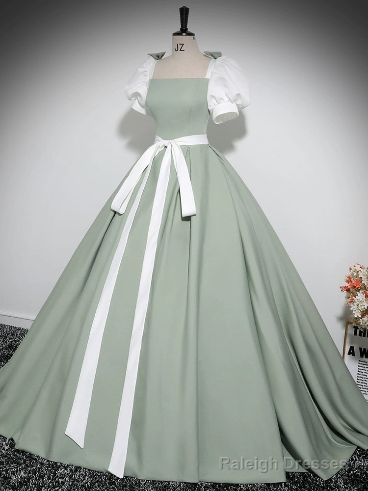 A-Line Puff Sleeves Satin Green Long Prom Dress, Green Long Formal Dress