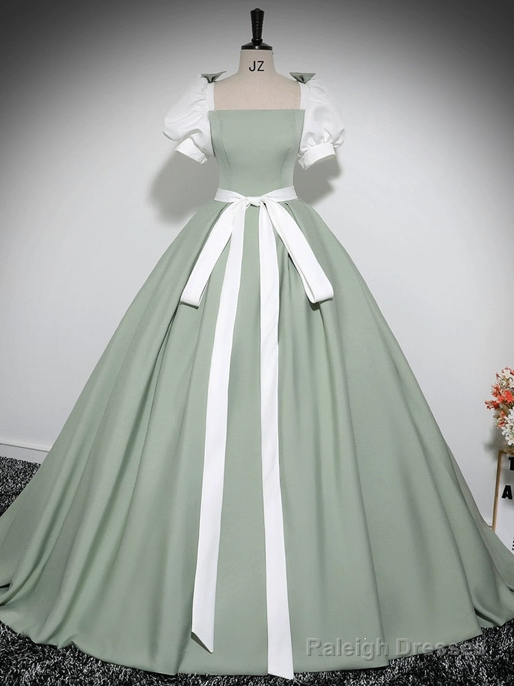 A-Line Puff Sleeves Satin Green Long Prom Dress, Green Long Formal Dress Main image