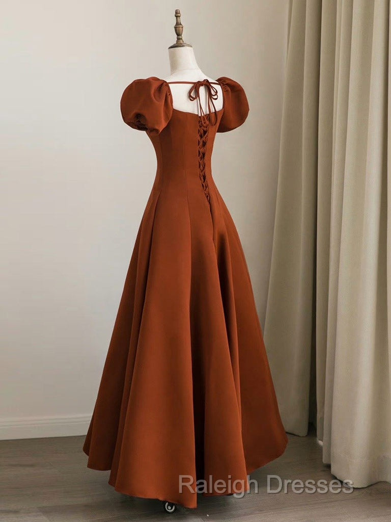 A-Line Puff Sleeves Satin Long Prom Dress, Long Evening Dresses Secondary image