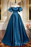 A-Line Puff Sleeves Satin Peacock Blue Long Prom Dress, Peacock Blue Long Formal Dress