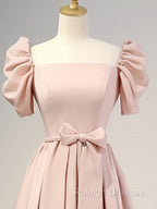 A-Line Puff Sleeves Satin Pink Long Prom Dress, Pink Long Bridesmaid Dress