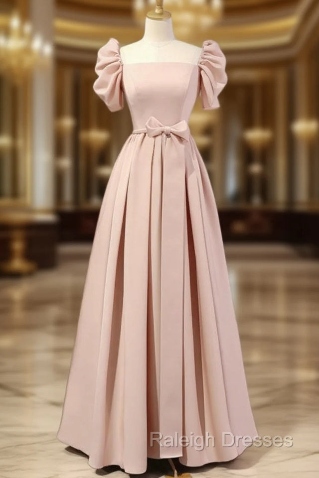 A-Line Puff Sleeves Satin Pink Long Prom Dress, Pink Long Bridesmaid Dress Main image
