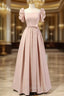A Line Puff Sleeves Satin Pink Long Prom Dress, Pink Long Bridesmaid Dress