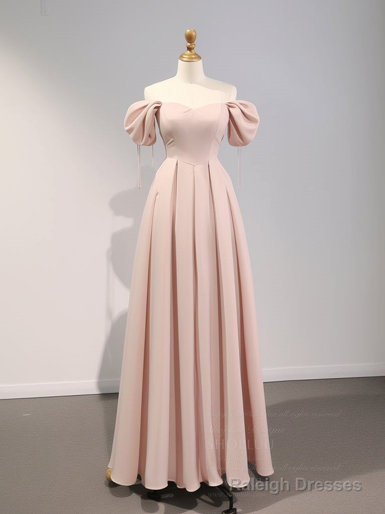 A-Line Puff Sleeves Satin Pink Long Prom Dresses Pink Long Bridesmaid Dresses Secondary image