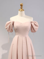 A-Line Puff Sleeves Satin Pink Long Prom Dresses Pink Long Bridesmaid Dresses