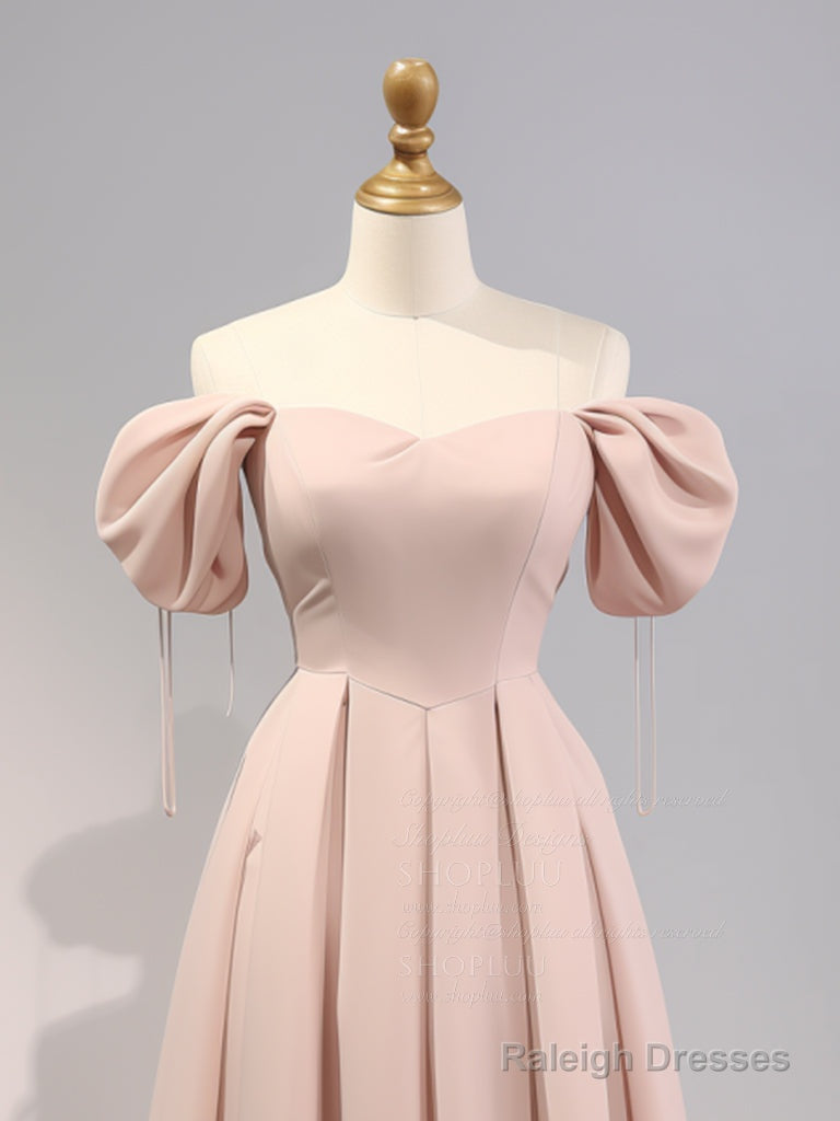 A-Line Puff Sleeves Satin Pink Long Prom Dresses Pink Long Bridesmaid Dresses