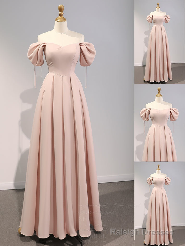 A-Line Puff Sleeves Satin Pink Long Prom Dresses Pink Long Bridesmaid Dresses Main image