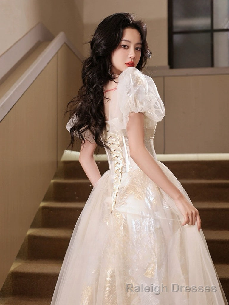 A-Line Puff Sleeves Tulle Lace Champagne Long Prom Dress