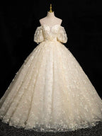 A-Line Puff Sleeves Tulle Lace Champagne Long Prom Dress, Champagne Formal Dress