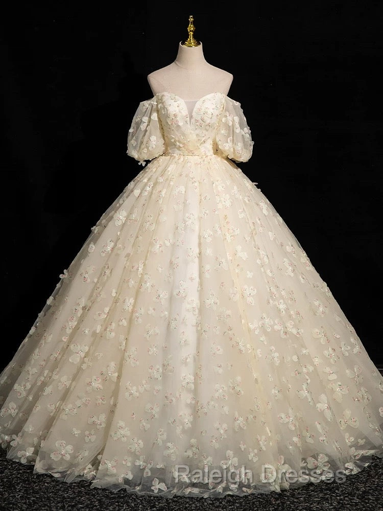 A-Line Puff Sleeves Tulle Lace Champagne Long Prom Dresses Champagne Prom Dresses Secondary image