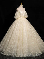 A-Line Puff Sleeves Tulle Lace Champagne Long Prom Dress, Champagne Formal Dress