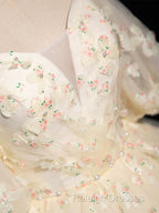 A-Line Puff Sleeves Tulle Lace Champagne Long Prom Dress, Champagne Formal Dress