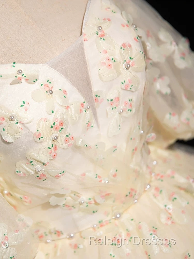 A-Line Puff Sleeves Tulle Lace Champagne Long Prom Dress, Champagne Formal Dress