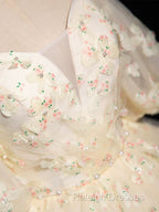 A-Line Puff Sleeves Tulle Lace Champagne Long Prom Dresses Champagne Prom Dresses