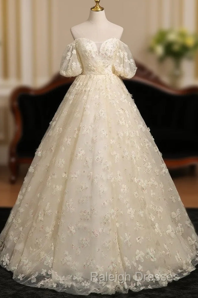 A-Line Puff Sleeves Tulle Lace Champagne Long Prom Dress, Champagne Formal Dress Main image