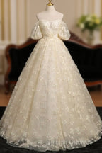 A-Line Puff Sleeves Tulle Lace Champagne Long Prom Dress, Champagne Formal Dress