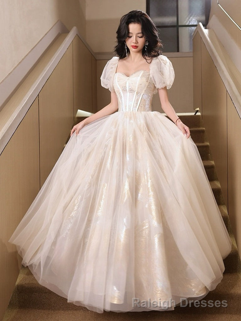 A Line Puff Sleeves Tulle Lace Champagne Long Prom Dress